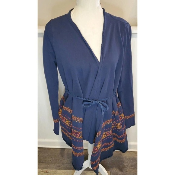 Vintage Lucky Brand Size Large Open Front Cardigan Aztec Boho Navy Duster - Picture 2 of 11